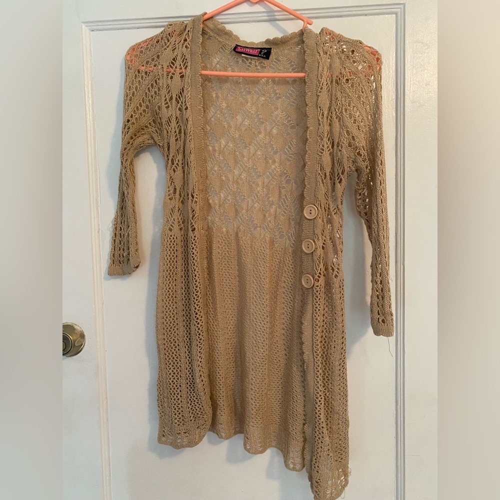 Tan Long Knit Button Up Sweater, Size Small